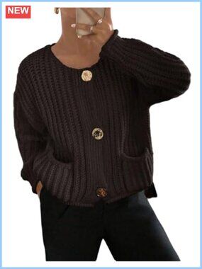 Chunky Knit Gold Button Up Crew Neck Cardigan Loose Fit Fall Sweater